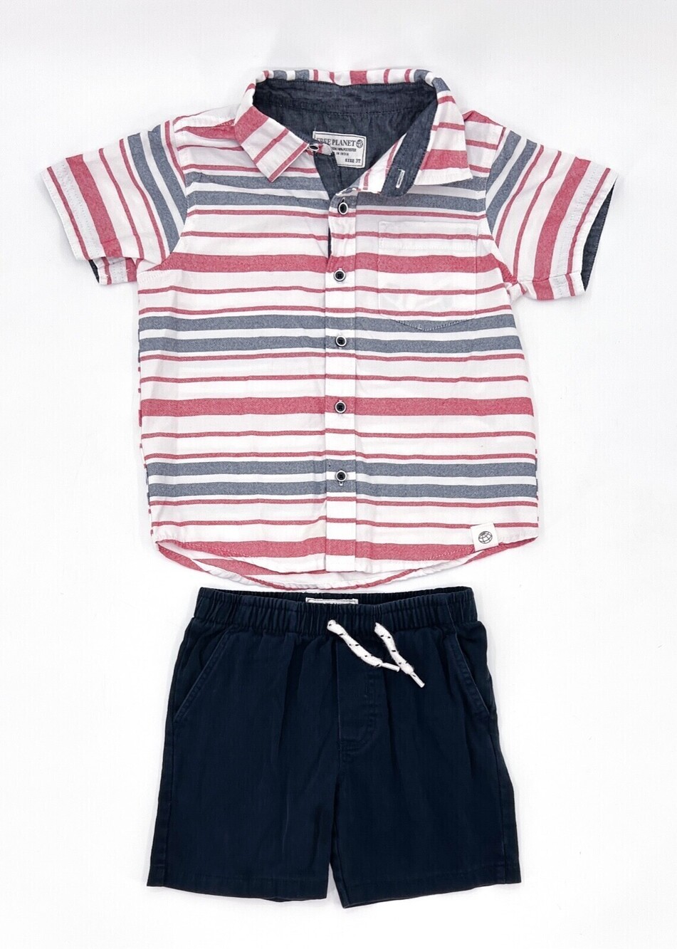 Free Planet Boys Outfit Set Size 3T White Red Striped Shirt Navy Shorts Cotton